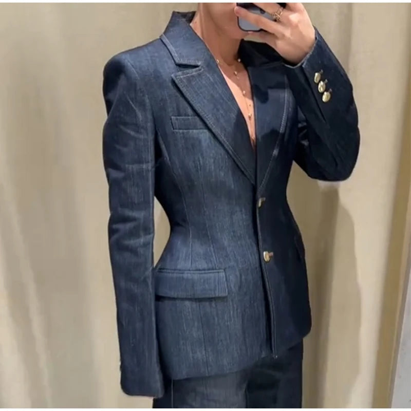 Elegant Denim Blazer Vest Pants Set Women Single-breasted V-Neck Suit Coat Strapless Tanks Straight Leg Jeans 2025 New Lady Suit