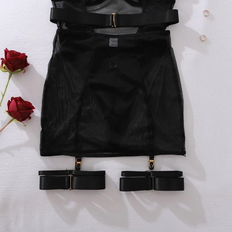 Women's Sexy 4-Pieces Lingerie Sets with Garter Belts Sissy Hot Sheer Mesh Bodysuit Skirt Bandage Porn Underwear Erotic Costumes