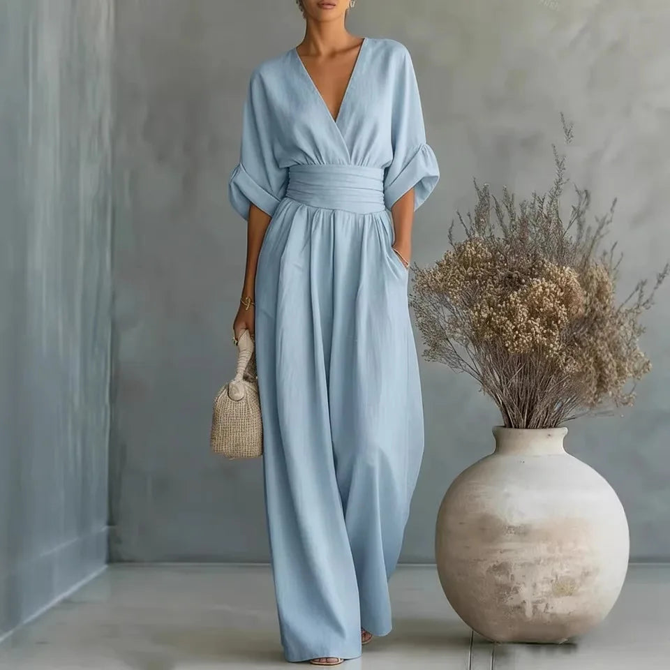 Elegant Solid Jumpsuits Women Shrot Sleeve V Neck Jumpsuit Trousers Wide Leg Pants Rompers Loose Style Belted Leotard Overalls