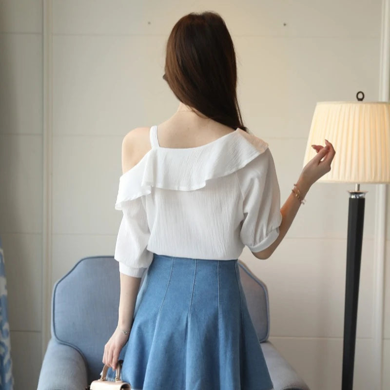 Women's One Shoulder Ruffles Chiffon Blouse Shirt Short Sleeve Pullover Acetate