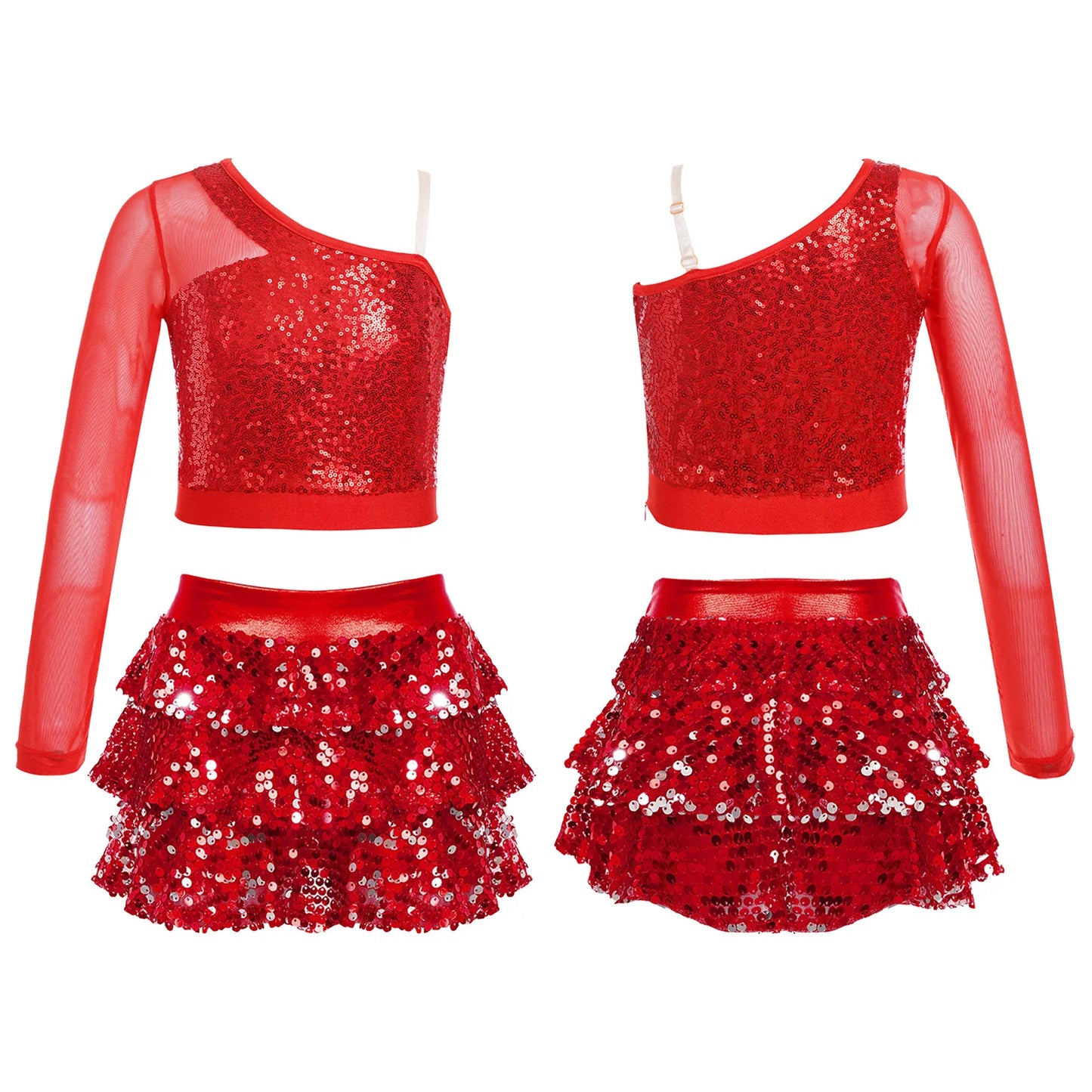 Kids Girls Dance Dresses Latin Jazz Modern Dance Show Costume Sequin Long Sleeve Crop Tops and Skirted Culottes Cheer Dancewear