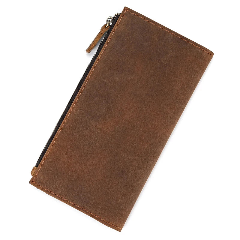 Men's Crazy Horse Leather Long Wallet Brown Real leather Trifold clutch snap purse Hasp purse with Phone pocket and coin pocket