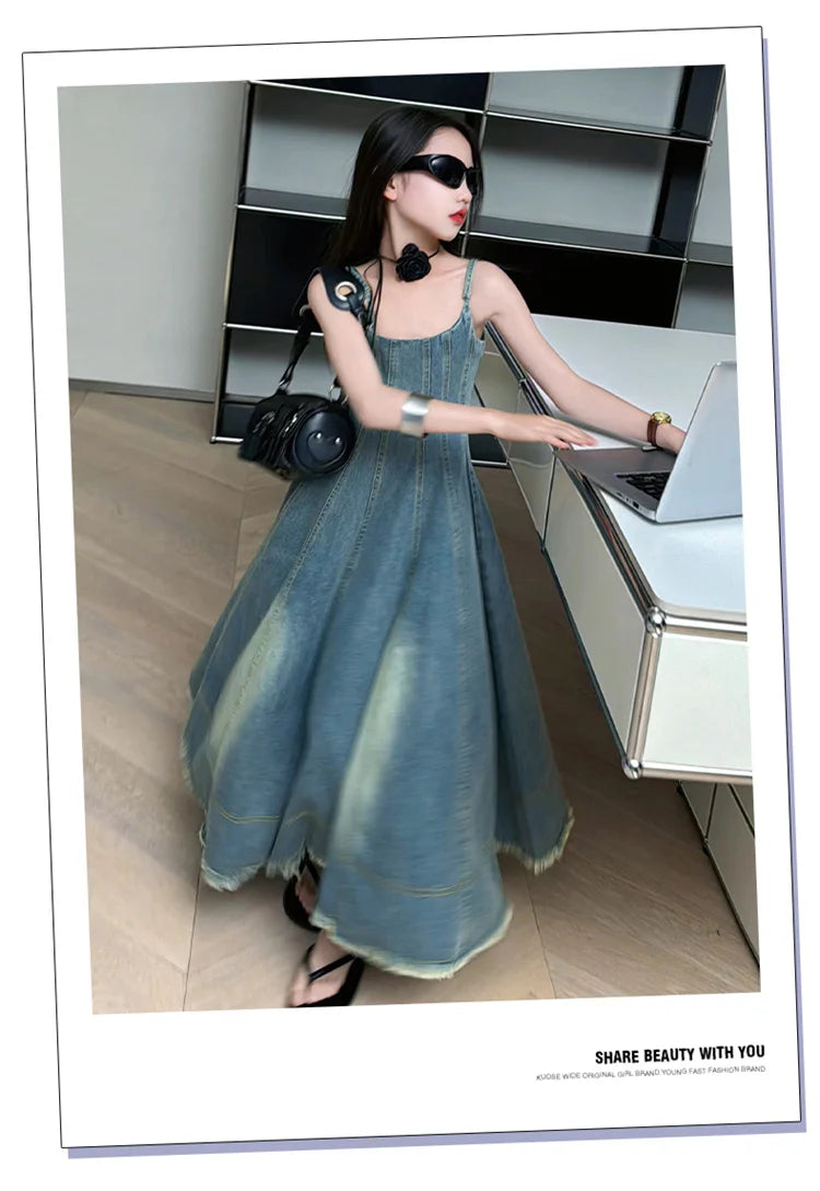 Kids Luxury Clothing Summer Denim Dress with Straps for Teenage Girls High Fashion Streetwear Outfit Children Casual Jeans Dress