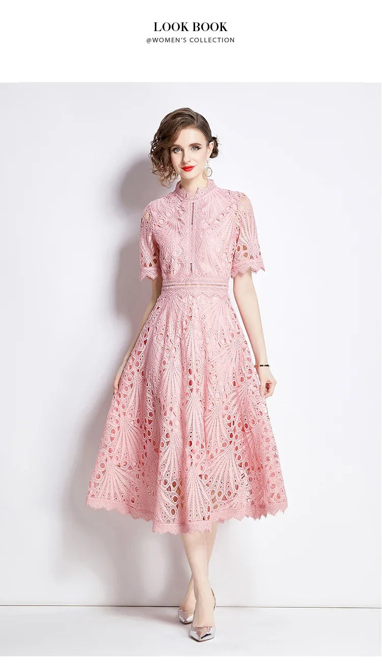 SMTHMA Vintage High-End O-Neck Short Sleeve Lace Hollow Out Dress For Women's Summer Slim Elegant Long Dress Female Clothing