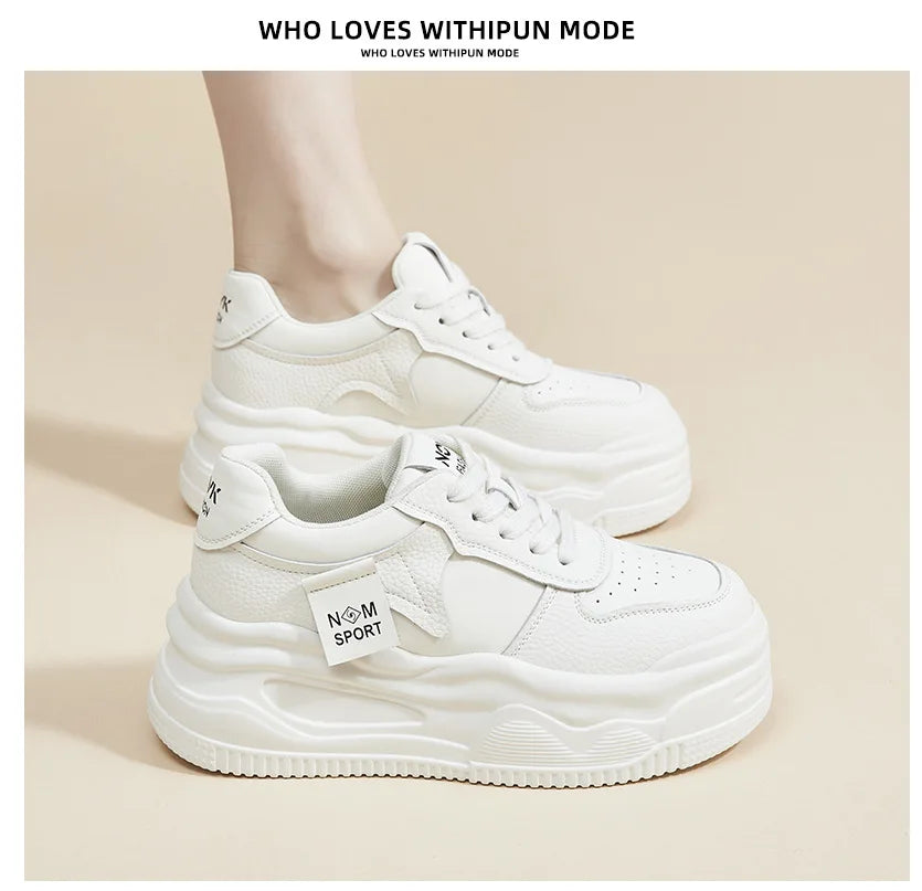 Fujin 8.5cm Genuine Leather Women Vulcanize Chunky Sneakers Women Summer Hidden High Heels Platform Wedge Summer Mesh Shoes