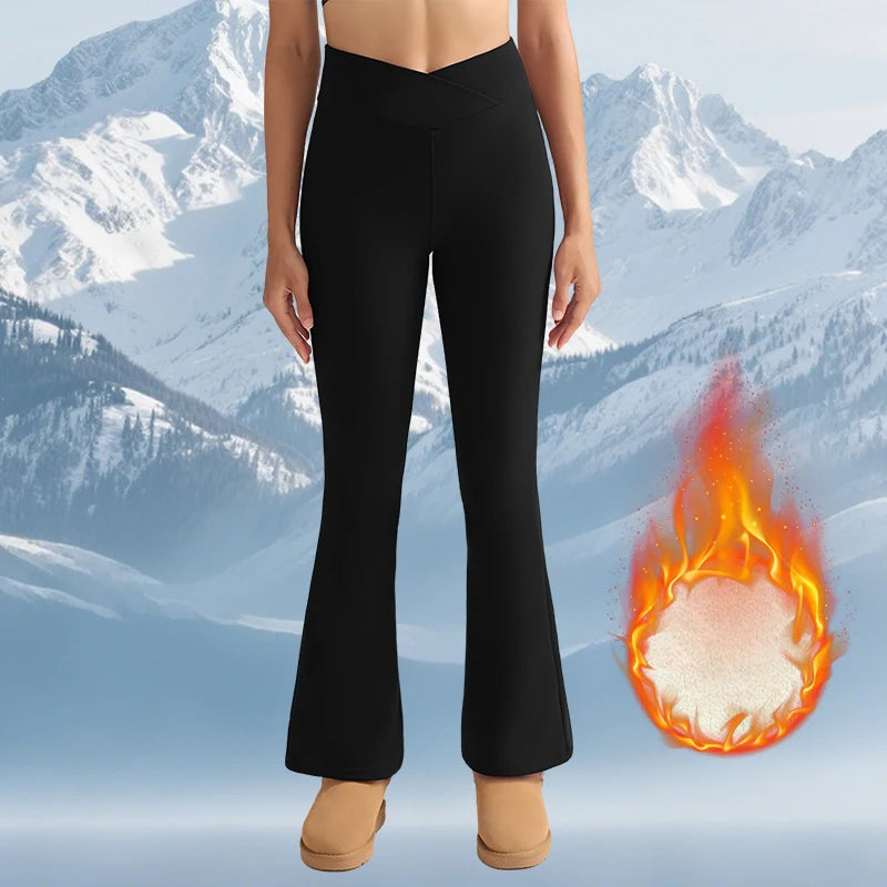 Black fleece high-waisted flared thermal leggings with tummy control by Bazaarhubo for winter warmth