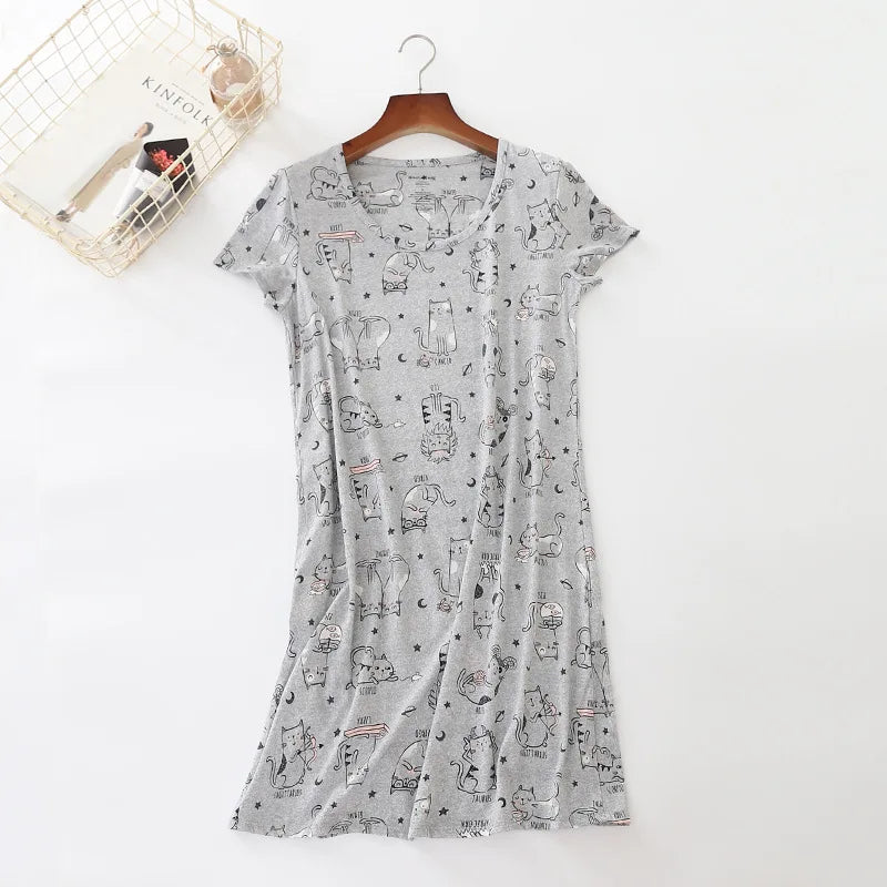 Summer Women Casual Cartoon Sleep Dress 100% Cotton Nightgown Plus Size Dresses Women Chemise de nuit Short Sleeve Home Dress