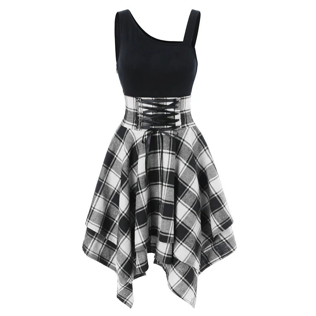 Elegant Classy Dresses For Women 2024 Sleeveless Cold Shoulder Cross Lace Up Plaid Print Irregular A-Line Dresses