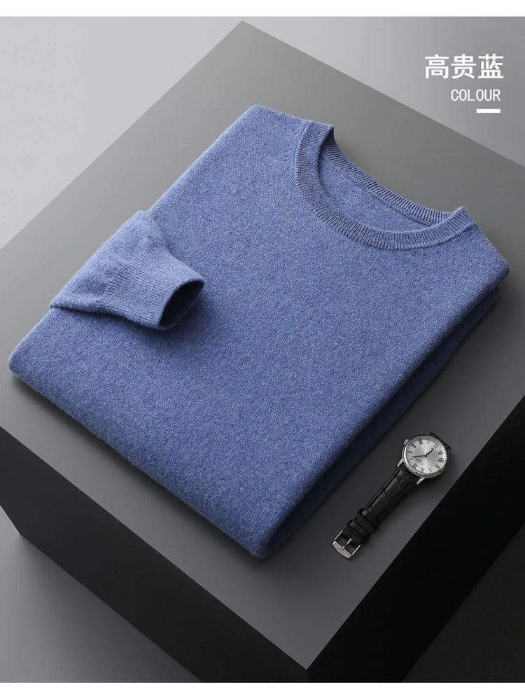 100% Merino Wool Sweater Men's O Neck Pullover Tops One-piece ready-to-wear Autumn Winter Solid Color Sweater Versatile Basic