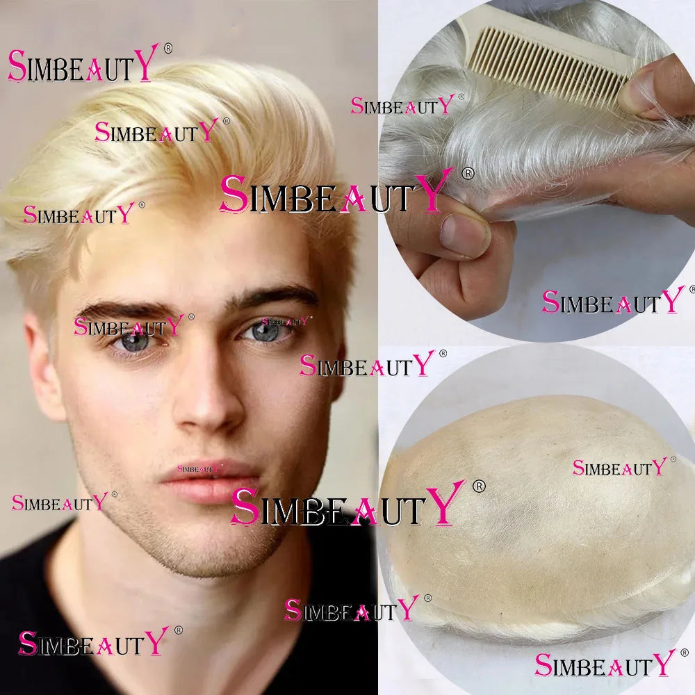0.02mm Super Ultra Thin Skin 80% Density Natural Hairline Men Toupee Blonde Brown Grey Human Hair Undetected Capillary Prosthesi
