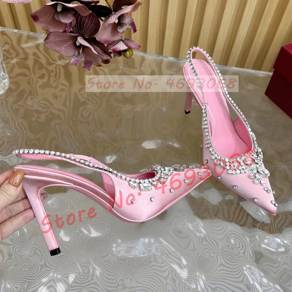 Luxury Crystal Flowers Back Strap Sandals Ladies Trendy Pointy Toe Classy Gems Satin Sandal Women Real Leather Evening Shoes
