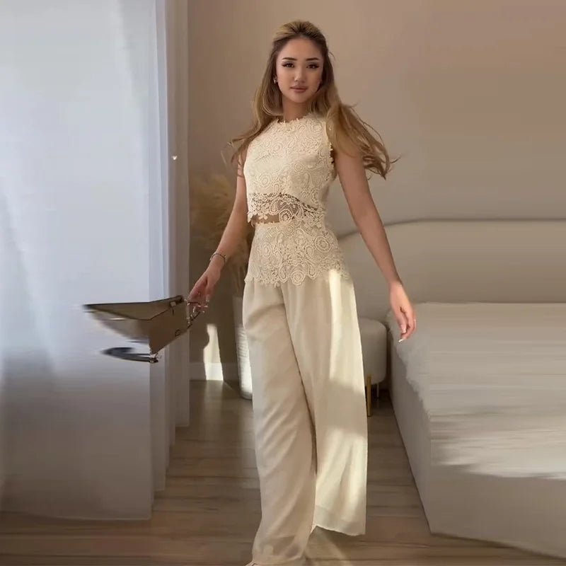 Casual Lace Tops Pants Sets Women O Neck Sleeveless High Waist Wide Legs Outfits Female 2026 Summer Beach Vacation Solid Suits
