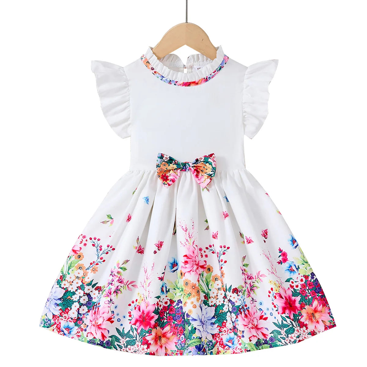 New Kids Girl Dress Summer Floral with Bow Fashion White Vestidos Short Sleeve Children Clothing Outfits Casual Daily Dresses