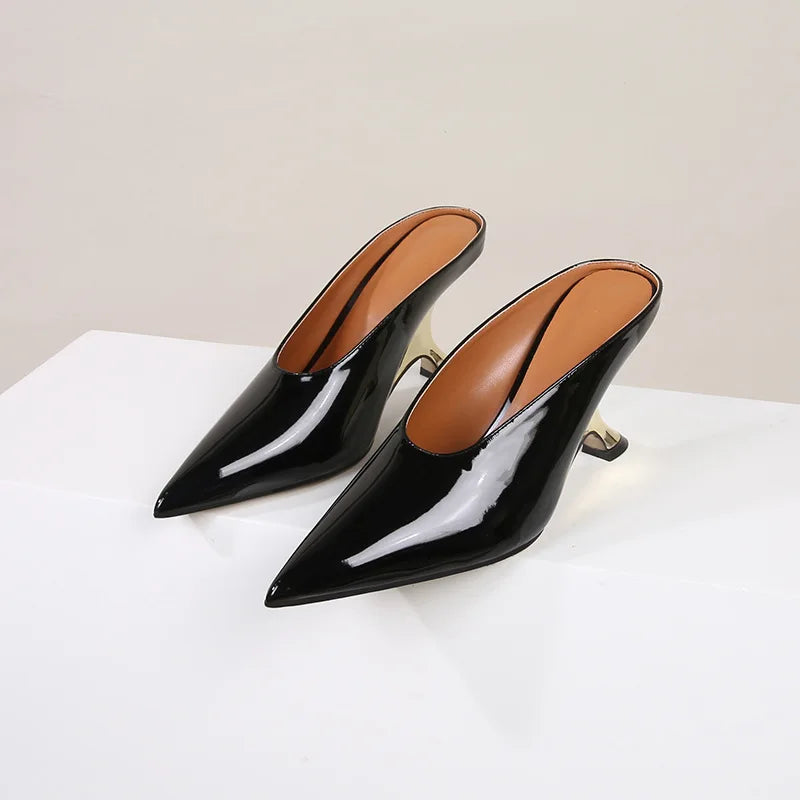Pointed Toe Women Slippers Shoes Designer Shallow Wedges 9cm High Heels Banquet Mule Zapatos De Mujer