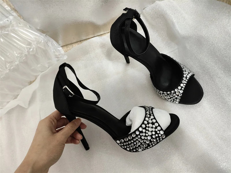 Summer 2023 Internet Celebrity Rhinestone Open Toed Sandals Fashion Round Toe Slim Heel Sandals Sexy Wrapped Party Sandals 35-43