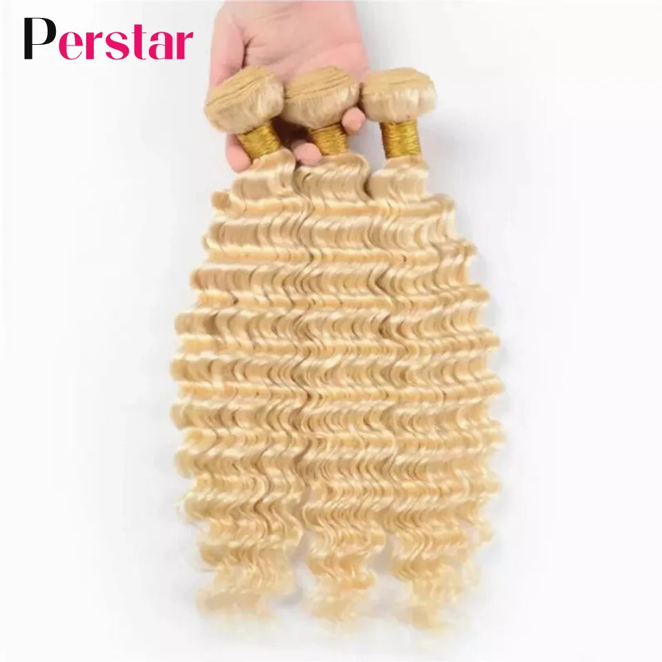 Perstar 613 Blonde Deep Wave Human Hair Bundles Brazilian Hair Extensions 613 Honey Blonde Deep Curly Bundles Human Hair Weave