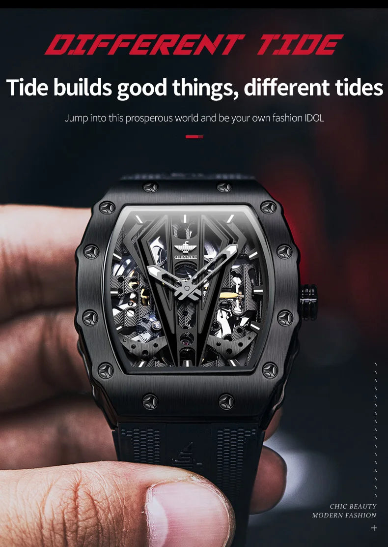 OUPINKE 3179 Automatic Watches for Man Silicone Strap Sapphire Mirror Waterproof Skeleton Tonneau Mechanical Men's Wristwatches