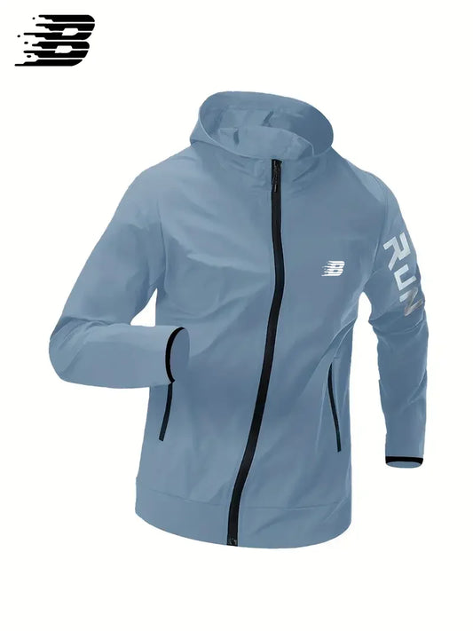 Mens B Run Printed Hooded Windbreaker Lightweight Waterproof Windproof Outdoor Sports Long Sleeve Jacket