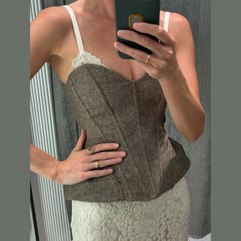 Elegant Lace Patchwork Sling Top Women Sleeveless Backless Patchwork Crop Tops Female 2026 Fashion Summer Spring Vest Lady