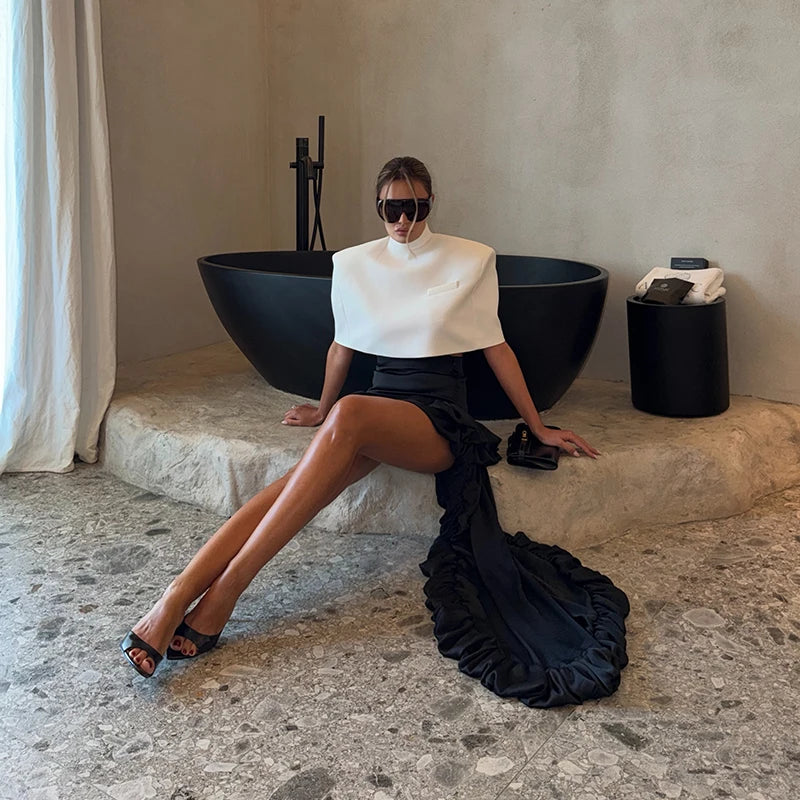 Elegant Stand Collar Women's Cape Skirts Suit Pocket Crop Tops Pleated Mini Skirt Lady Set 2026 Summer Autumn Female Outfits