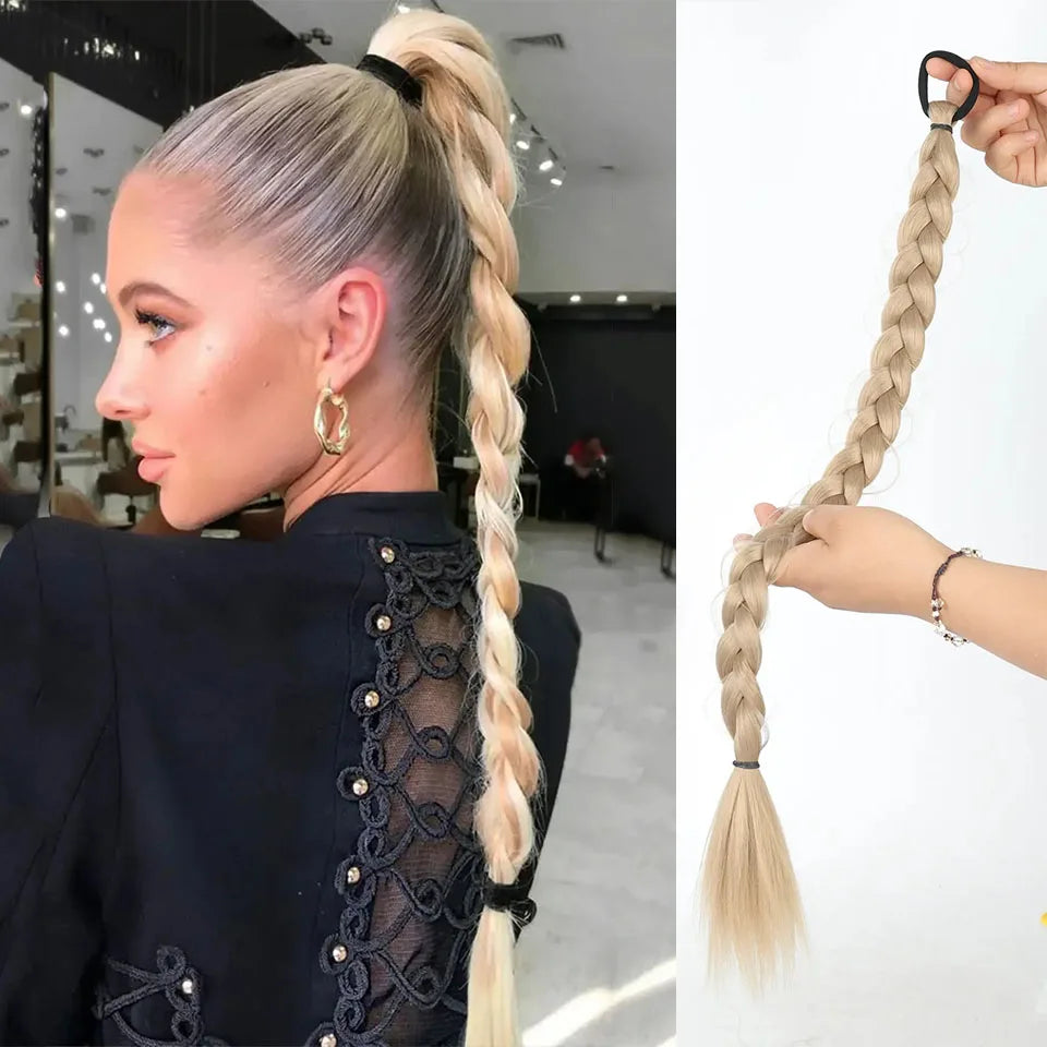 Synthetic Braided Ponytail Hair Extension With Rubber Band Boxing Braids For Women Hair Accessories 24Inch Long Black Braids