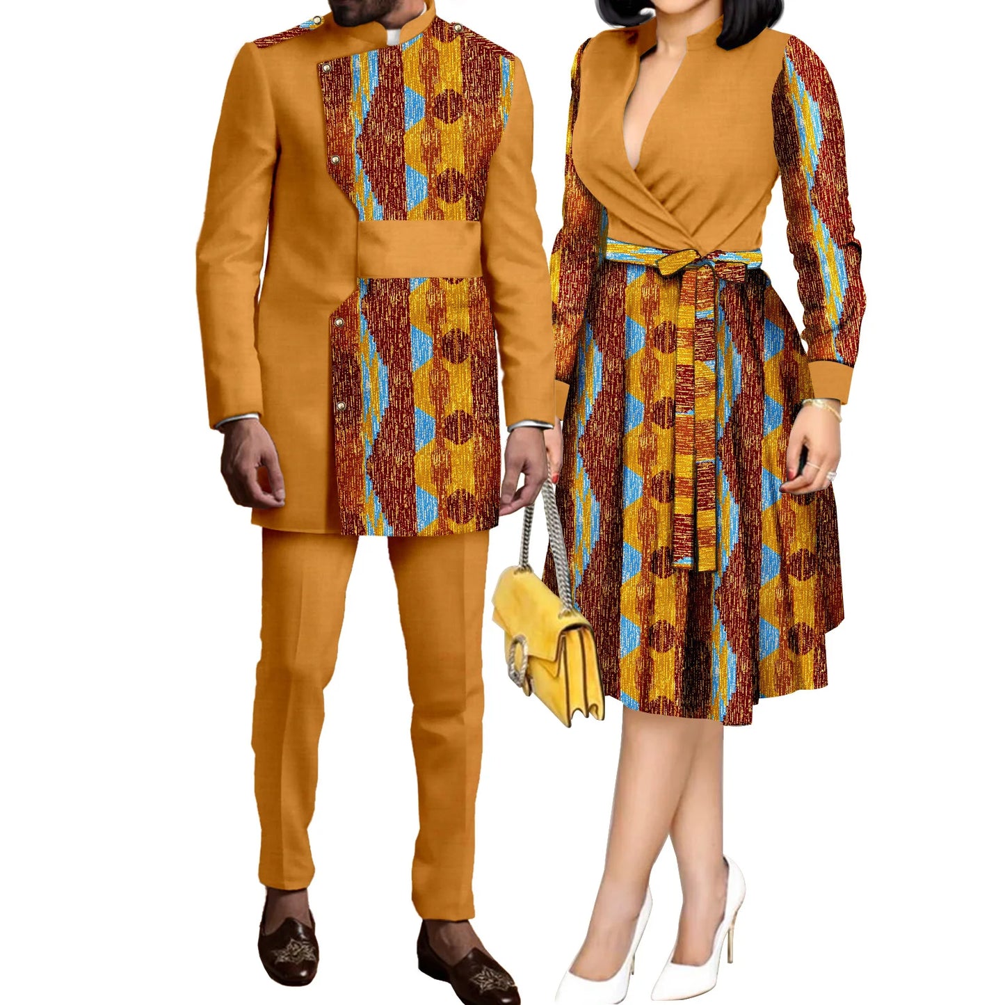SEA&ALP African Kente Prints Couple Clothes for Wedding Dashiki African Men Long Sleeved Pants Set Matching Women Dresses