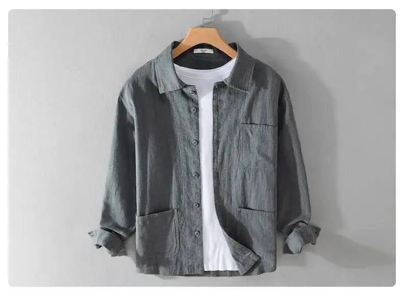 Autumn Retro Tooling Linen Jacket For Men Japanese Styles Sold Color Simple Versatile Multi-pocket Male Thin Jackets and Coats