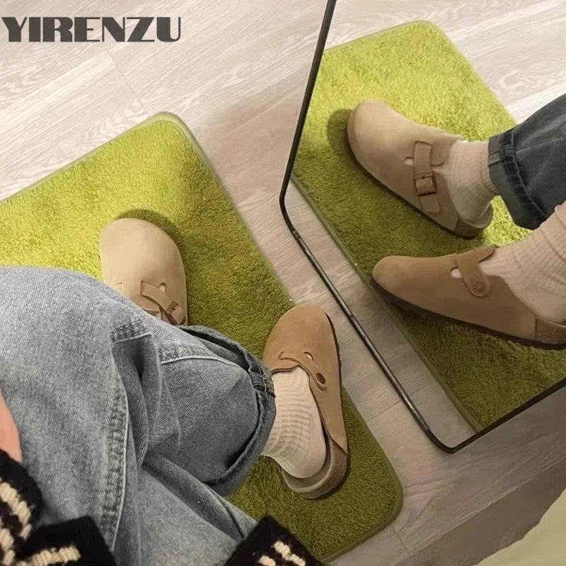 Summer Retro Birken Style Brown Faux Suede Flat Slippers Fashion Round Toe Platform Mules Outdoor Woman Soft Sole Cork Slides