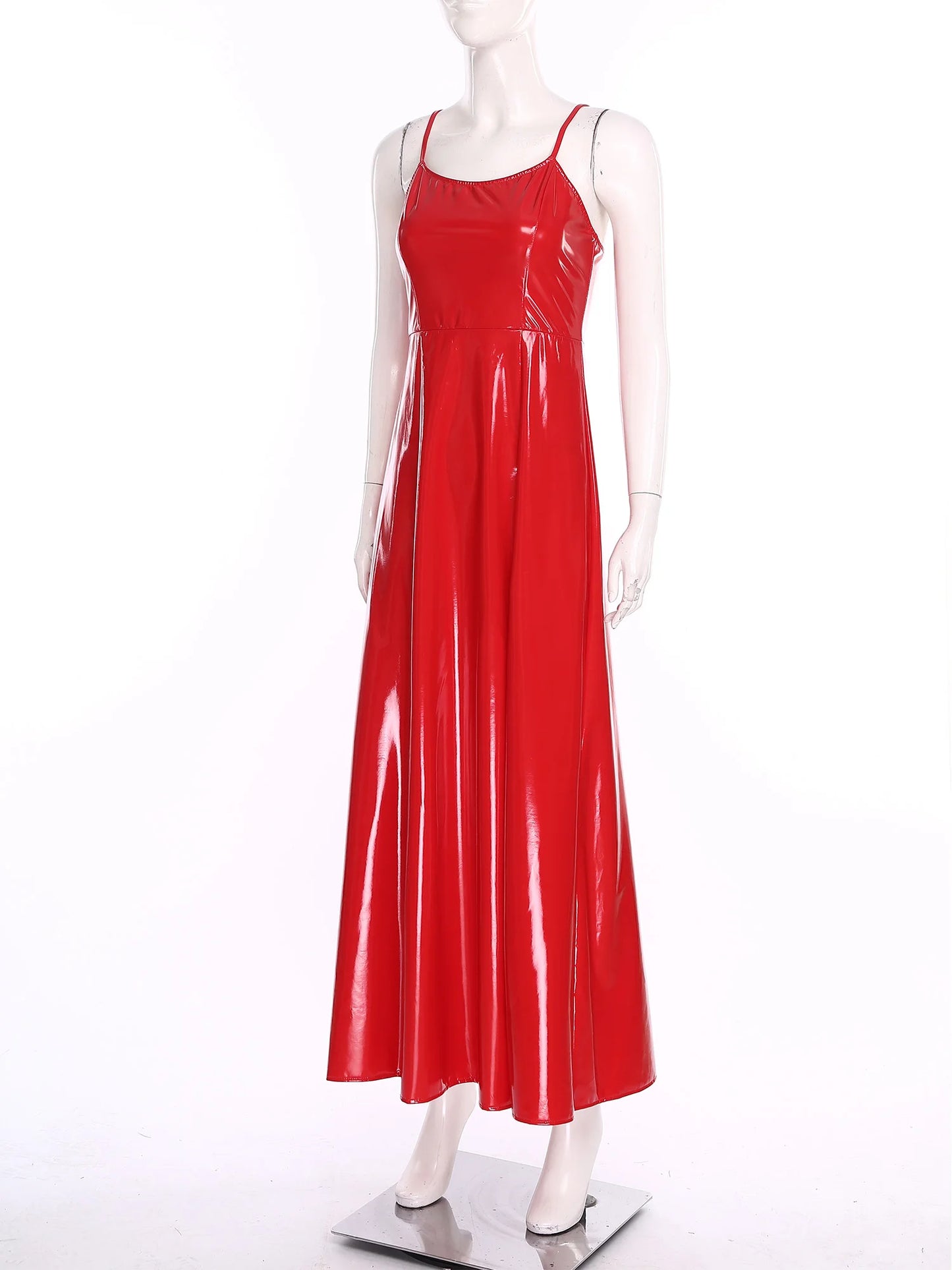 Womens Gothic Punk Glossy Maxi Dress PU Leather Side Slit Hem Back Lace-up Sling Bodycon Dress Raves Party Costume Clubwear