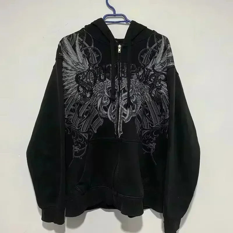 American Fashion Hip Hop Letter Embroidered Zipper Hoodie Men Street Y2K New Casual Loose Fleece Padded Sweatshirt Unisex Hoodie