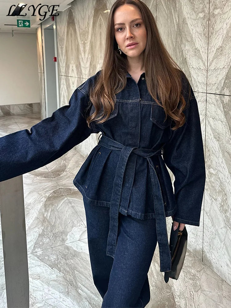 Vintage Belt Denim Jacket Pants Set Women Lapel Single Breasted Jackets Pockets Straight Jeans 2025 Autumn Lady Street Outfits