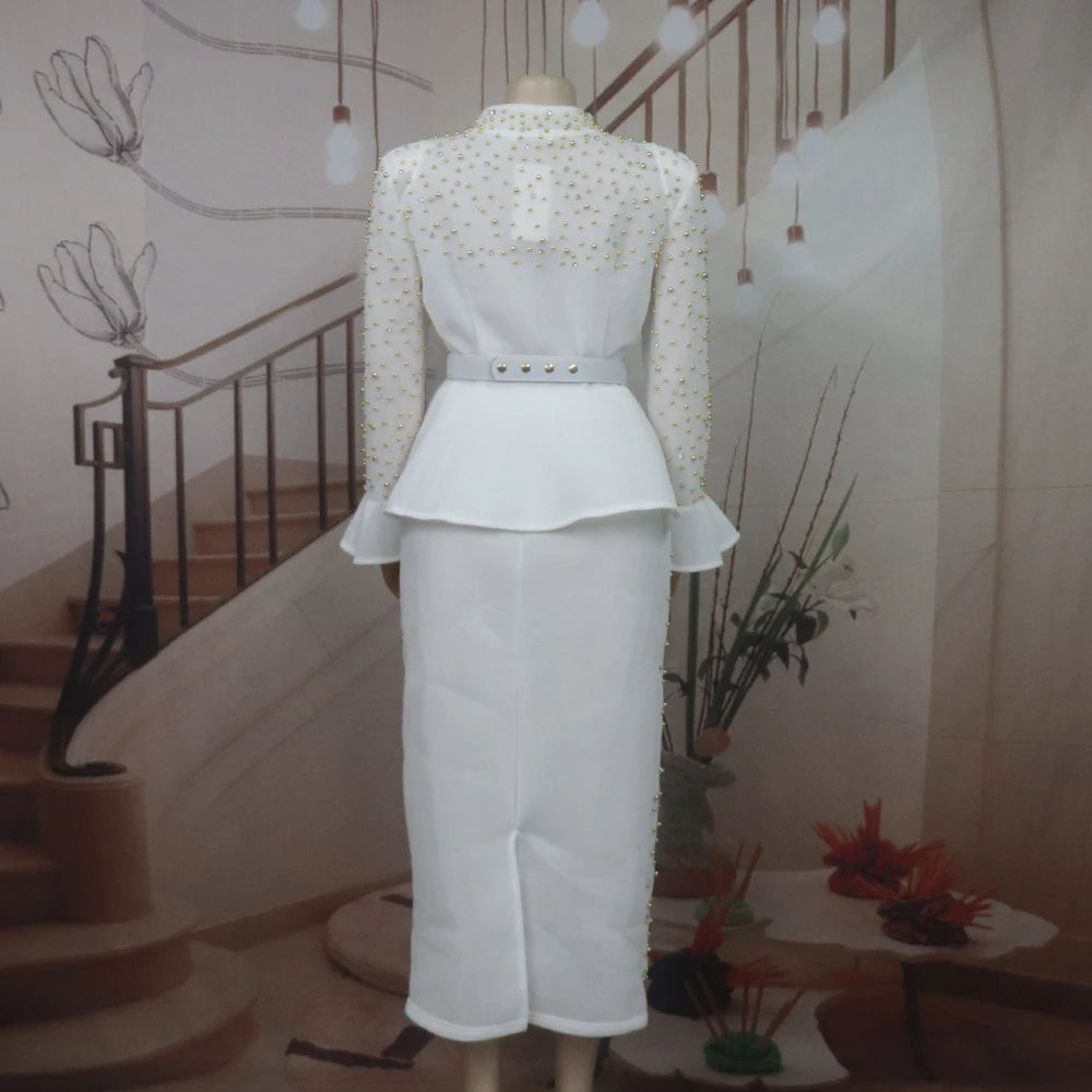 Fashion Suit African Dresses for Woman Rhinestone Turkey Dresses for Women Luxury High Quality Mesh Fabric African Beaded Dress