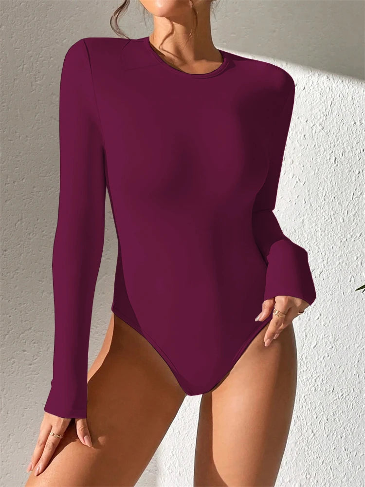 Women Basic Long Sleeve Round Neck Blouse Bodysuit Autumn Winter Casual Solid Color Slim Fit Bodycon Jumpsuit Streetwear