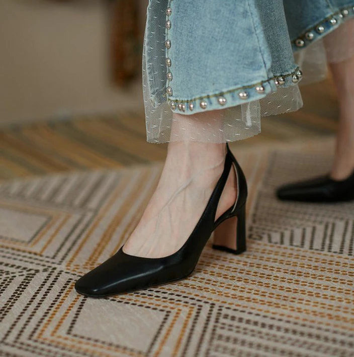 Office Ladies Summer Footwear High Heels Pumps On Heeled Square Toe Shoes For Women 2025 Fashion Leather Casual Slip A Vacation