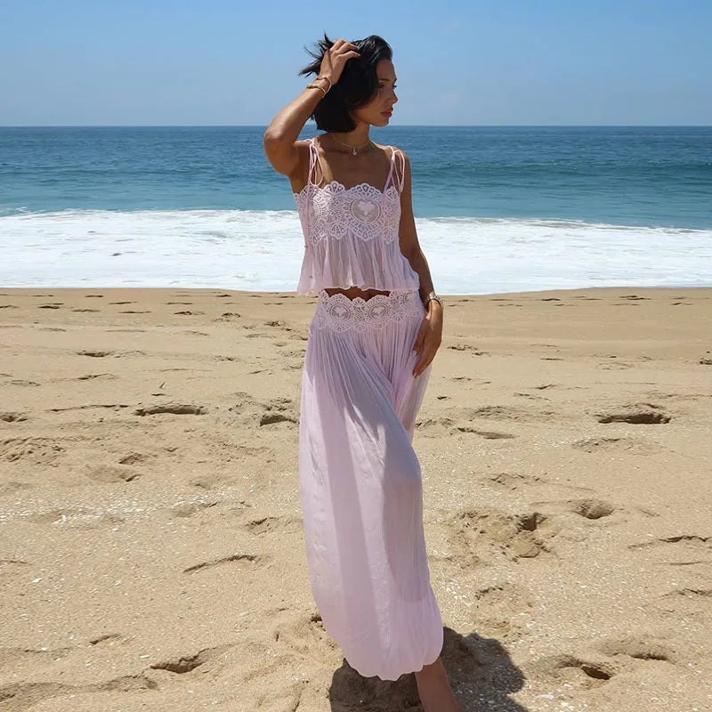 See Through Lace Vest Pant Set Women Beach Sling  Tops Pleated Straight Pants 2026 Summer Vacation Hollow Out Lady Suits