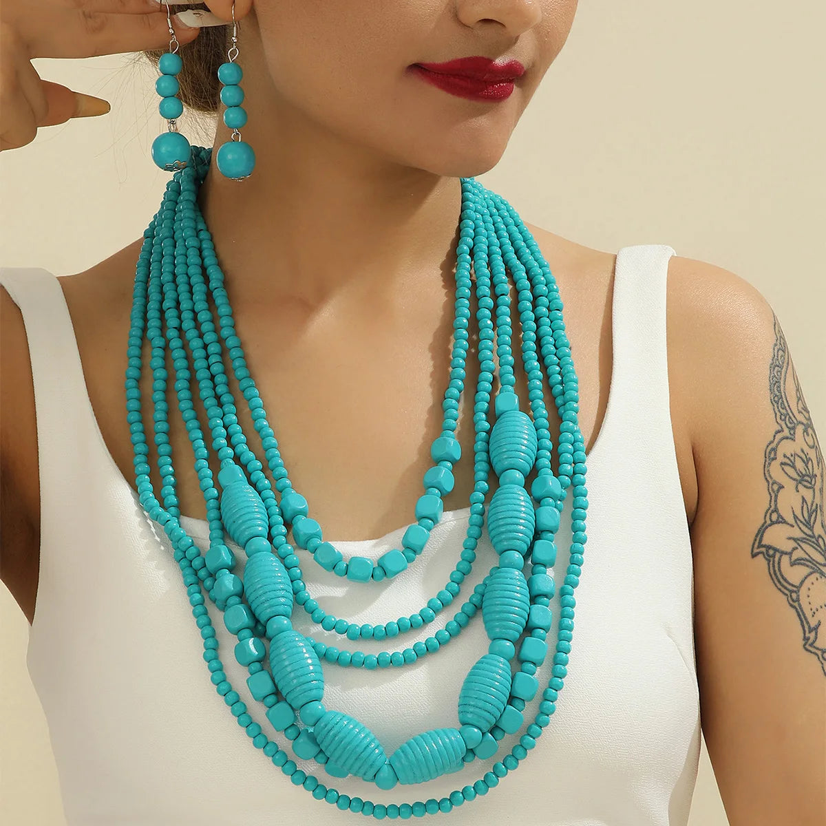 Colorful African Style Multi-Layer Wooden Bead Jewelry Sets Chokers Necklace Colorful Bohemian Necklace Earrings Set Party Jewel