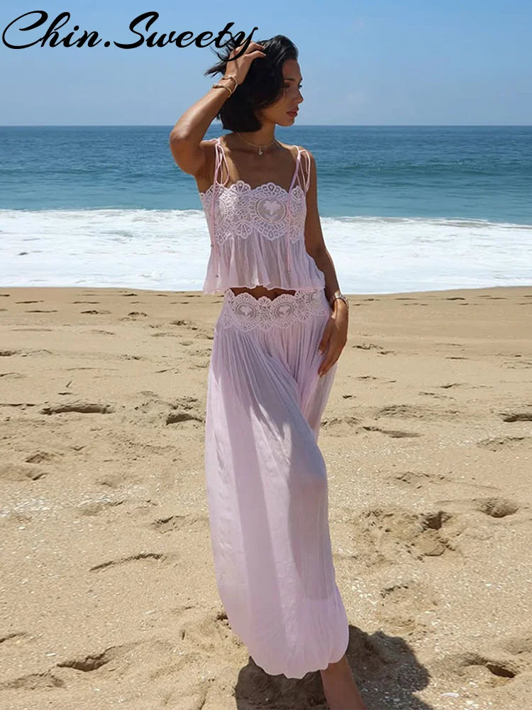 See Through Lace Vest Pant Set Women Beach Sling  Tops Pleated Straight Pants 2026 Summer Vacation Hollow Out Lady Suits