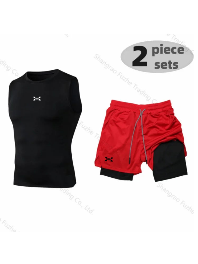 Sports Boxing Sets Basic Sleeveless Shirt+2-in-1 Shorts Sets Gym Compression Quick Drying Training Workout Stretch Skinny Sets