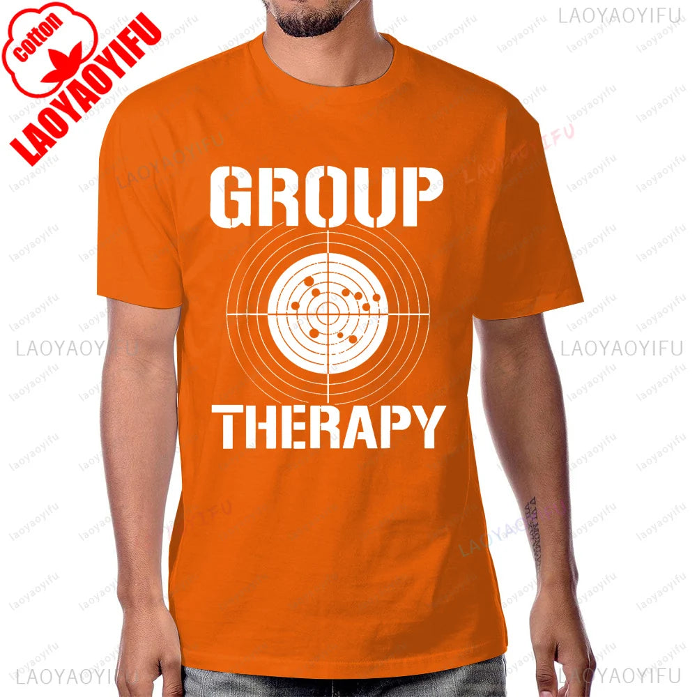 Group Therapy Shooting  Funny Gun Graphic T-Shirt Casual Fashion Loose Harajuku Man Tshirt Hip Hop Summer Short Sleeve Women Tee