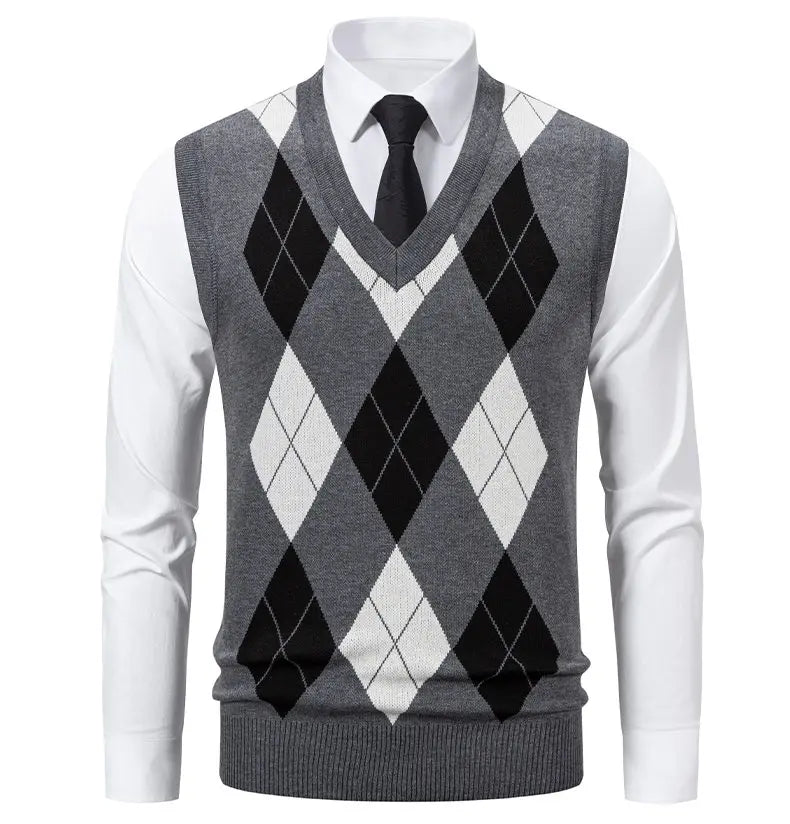 Mens Business Casual Knit Vest Classic Argyle Light Weight Knitwear Suit Vest Versatile Sleeveless Pullover Vests