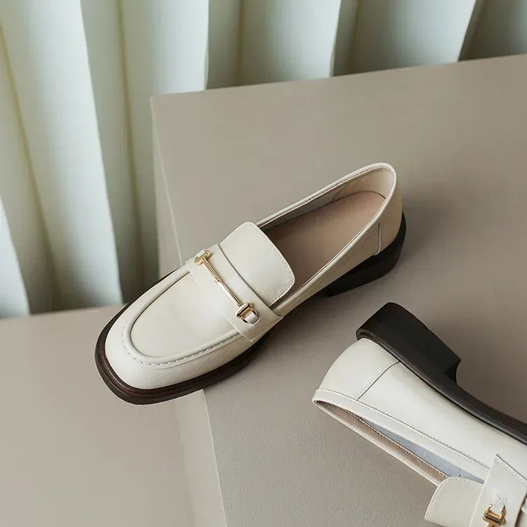 Ochanmeb Natural Leather Loafers Flat Shoes Women Brand Metal Chain Round Toe Slip-ons Flats Ladies Casual Creepers Moccasins 40