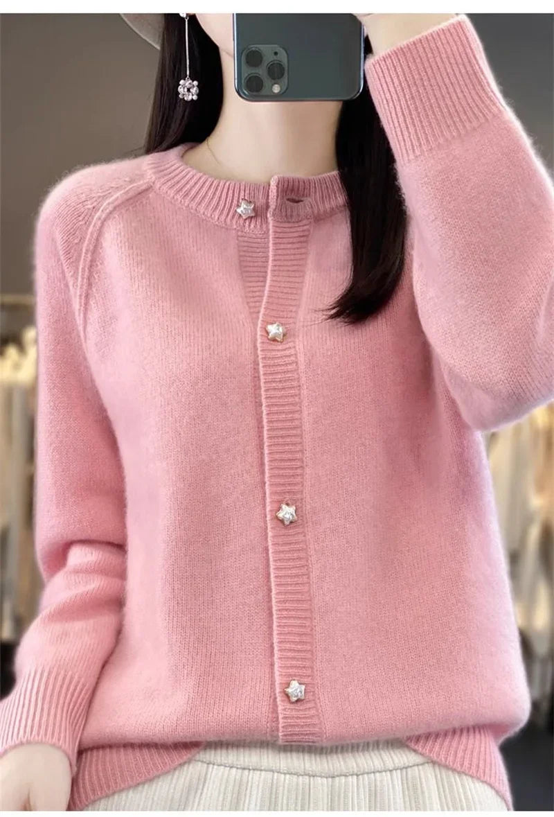 New Women Cardigan Sweater Autumn/Winter Round Neck Star Button Solid Knit Bottoming Shirt Jacket Quality Knitwear Female Tops