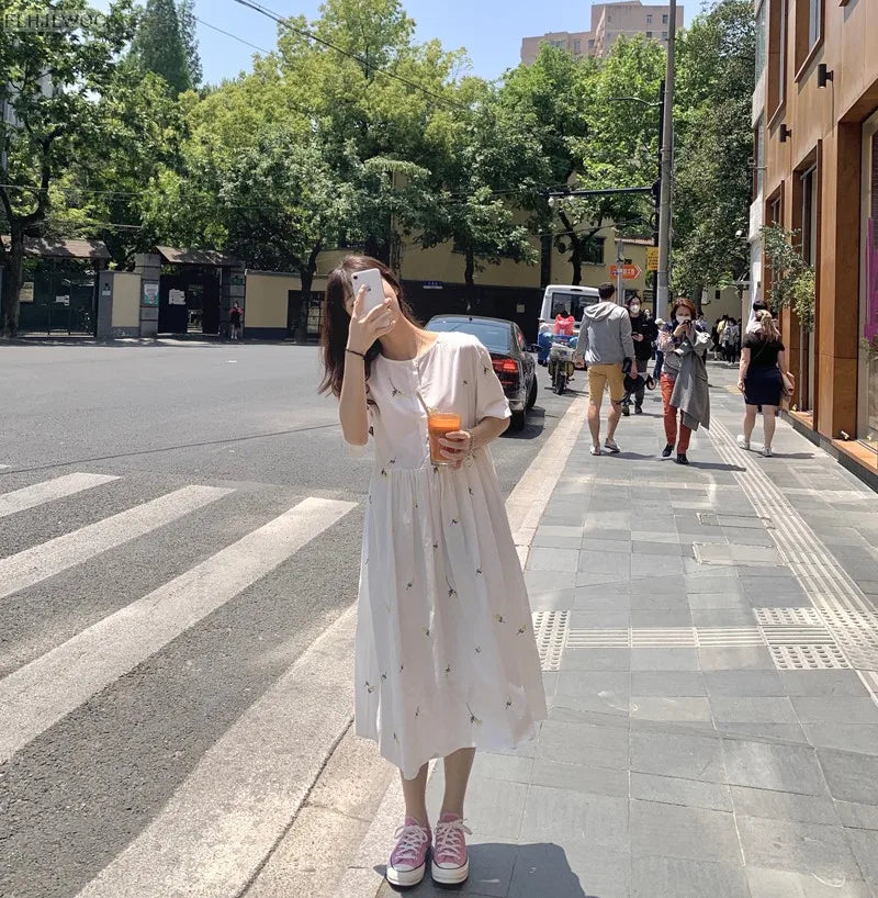 Loose Summer Cute Sweet Japanese Style Girls Flower Embroidery Retro Vintage Single Breasted Button Cotton Blends Shirt Dress
