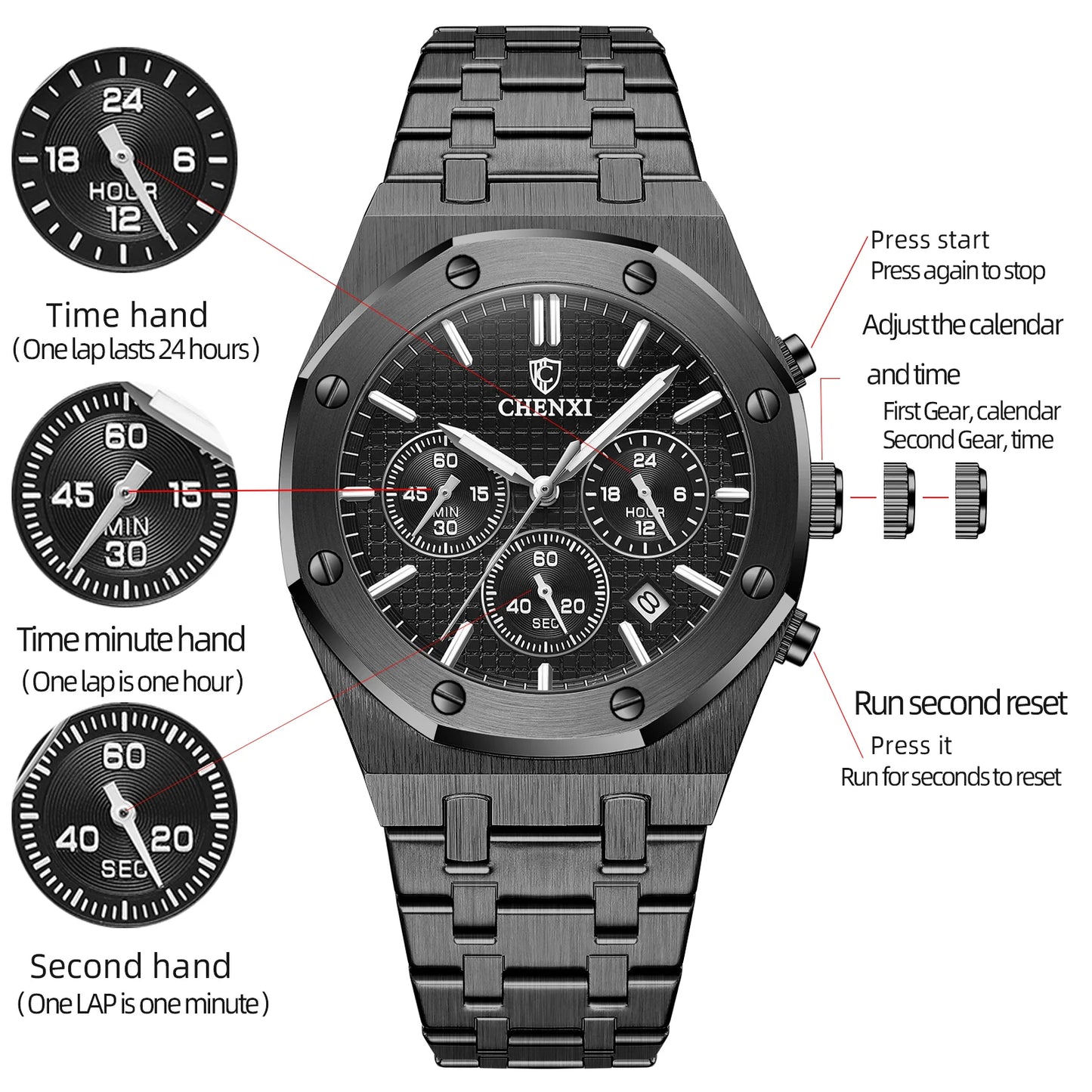 CHENXI Luxury Business Stainless Steel Men's Watches Quartz Movement Waterproof Round Dial Multifunctional Watch for Men