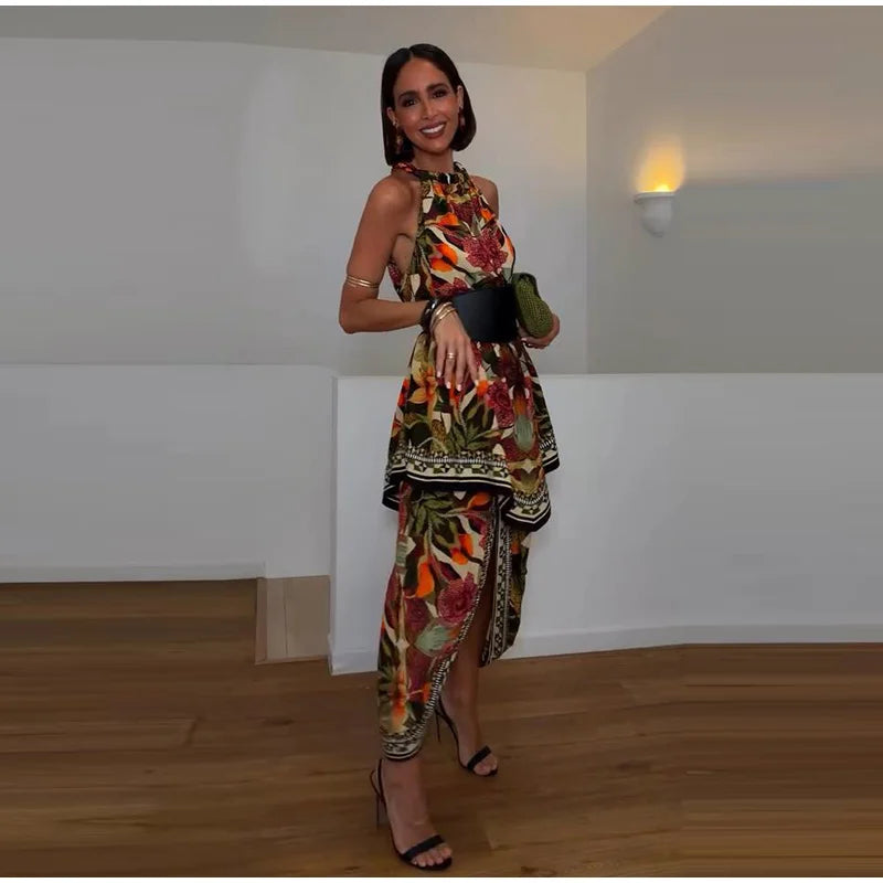 Halter Neck Floral Print Split Set Sleeveless Casual Top Tropical Wrap Slit Maxi Skirt 2026 Summer Bohemian Holiday Women Outfit