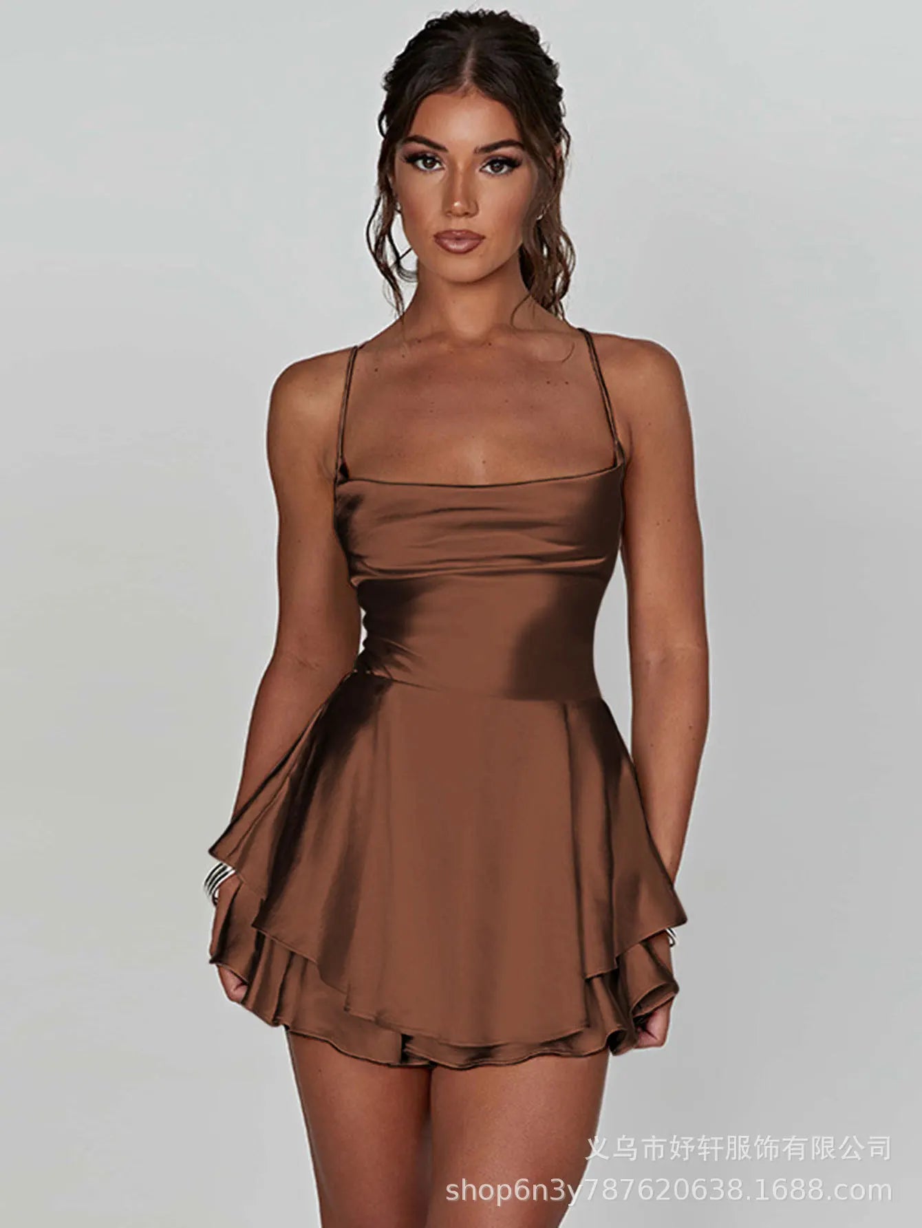 Sexy Dress Mini vestidos Elegant Bodycon Spaghetti Strap solid Color Leace-up Fashion Simple Style Banquet Backless Ruffles Slim