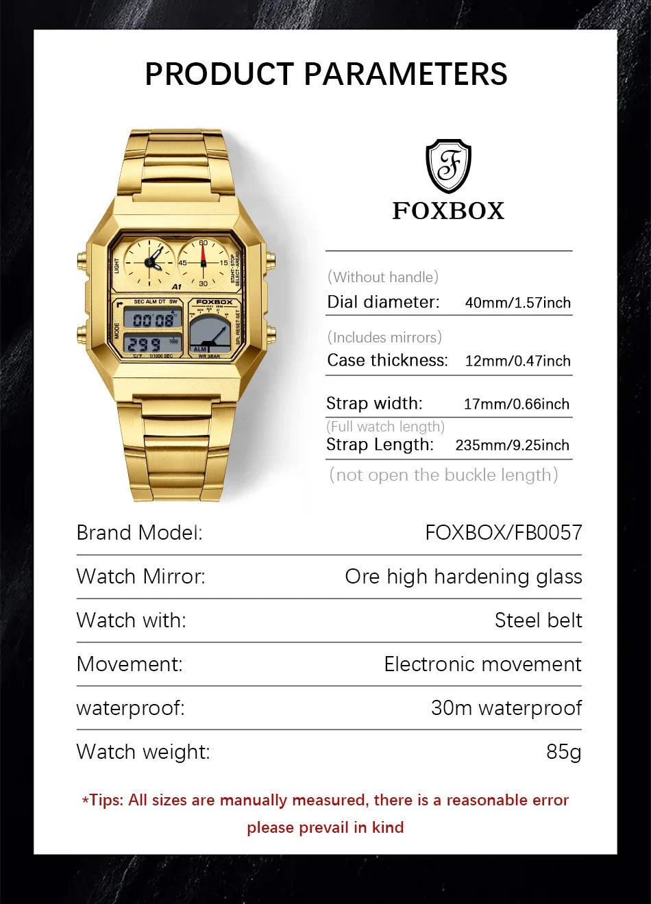 FOXBOX Top Brand Luxury Stainless Steel Chrono Sport Watches Men Back Light Display Digital Wristwatch 3Bar Waterproof Reloj+Box