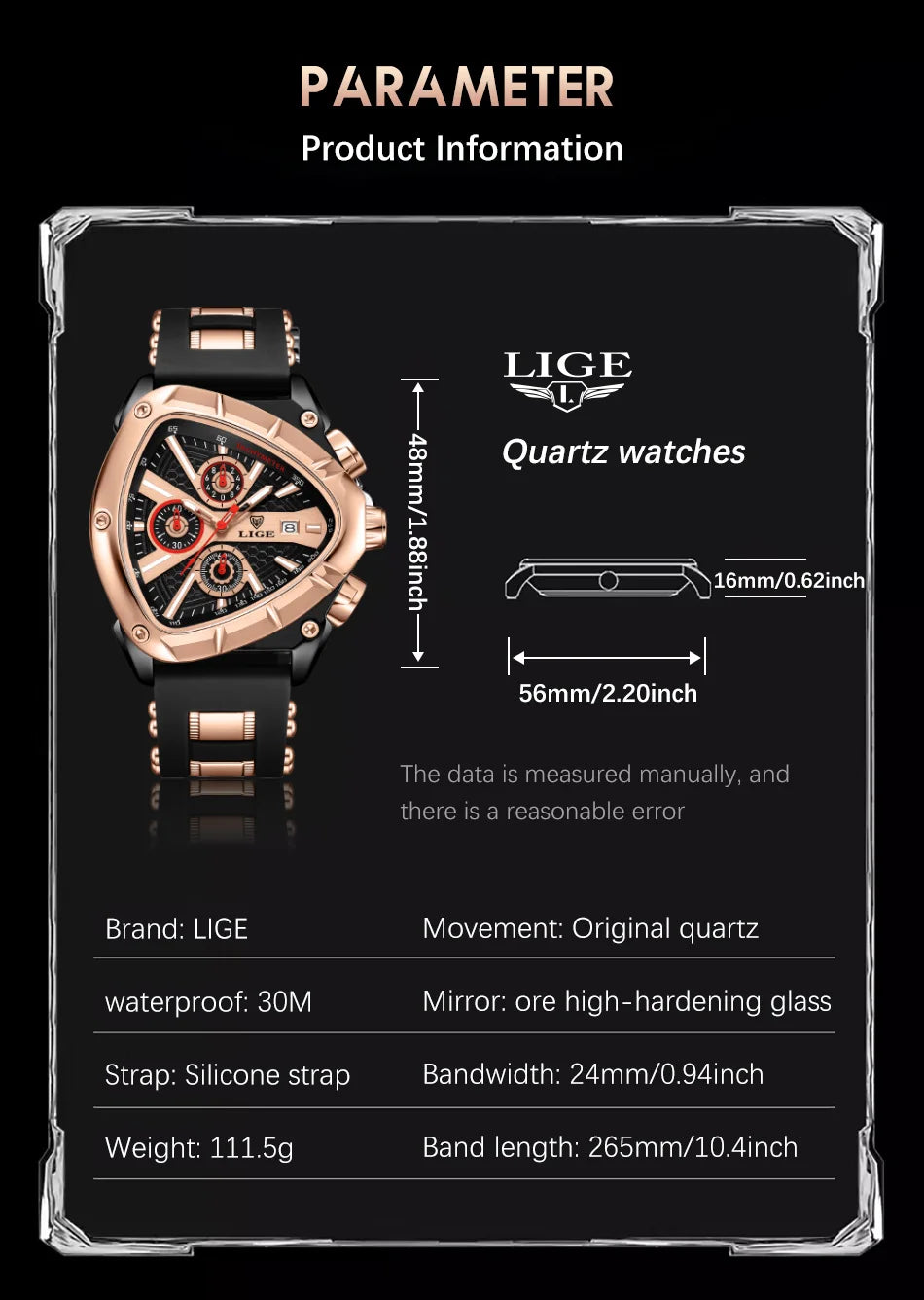 LIGE Sports Triangle Mens Watches Luminous Pointers Fashion Rubber Strap Military Irregular Quartz Wristwatch Waterproof  Watch