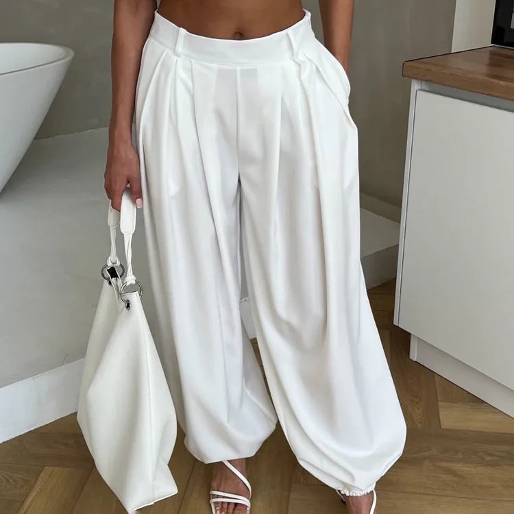 Women's Simple and Versatile Loose Leggings New Hot-selling Design Pleated High-waisted White Casual Pants