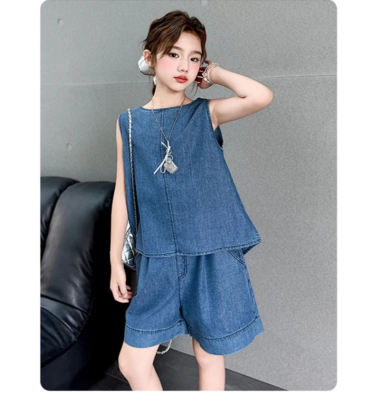 High Fashion Children Summer Denim Suit for Girls Casual Vest + Shorts 2 Piece Clothing Set Kids Trendy Street Outfit Age 5-14 Y
